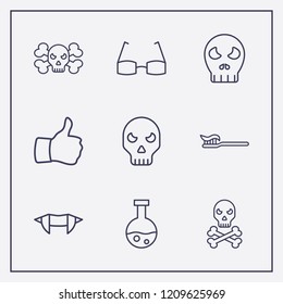 Outline 9 teeth icon set. halloween tube, halloween skeleton, halloween vampire teeth and glasses vector illustration