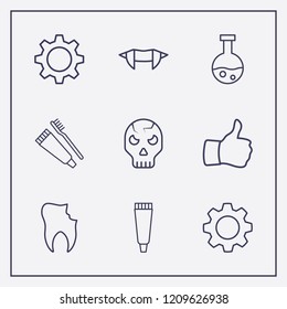 Outline 9 teeth icon set. toothbrush and toothpaste, halloween skeleton, thumb up and broken tooth vector illustration