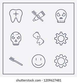 Outline 9 teeth icon set. tooth, smile, gear and halloween skeleton vector illustration
