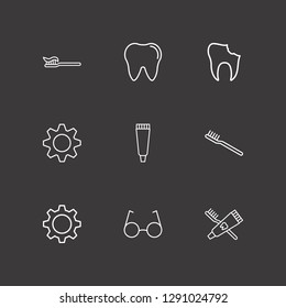 Outline 9 teeth icon set. toothbrush and toothpaste, broken tooth, tooth paste and glasses vector illustration