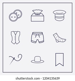 Outline 9 textile icon set. napkin box, bookmark, short and old hat vector illustration