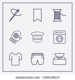 Outline 9 textile icon set. old hat, washing machine, t shirt and winter glove vector illustration