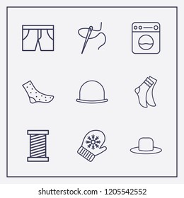 Outline 9 textile icon set. winter glove, thread, old hat and washing machine vector illustration