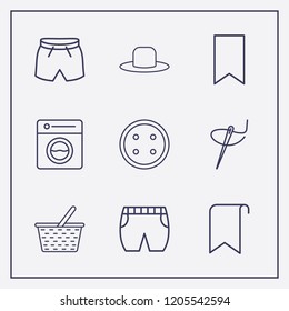 Outline 9 textile icon set. needle thread, short, bookmark and basket vector illustration