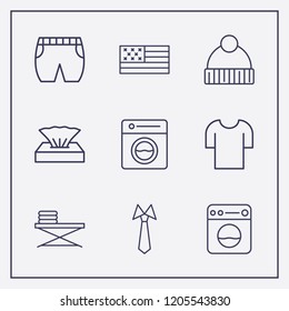 Outline 9 textile icon set. t shirt, ironing table, winter hat and napkin box vector illustration