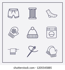 Outline 9 textile icon set. washing machine, winter glove, sock and towel vector illustration