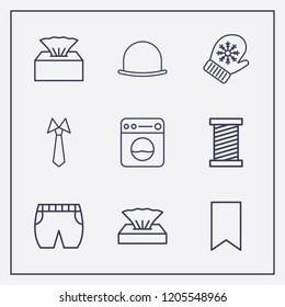Outline 9 textile icon set. bookmark, winter glove, tie and thread vector illustration