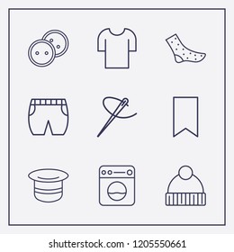 Outline 9 textile icon set. sock, t shirt, dress button and bookmark vector illustration