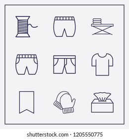Outline 9 textile icon set. bookmark, napkin box, thread and ironing table vector illustration
