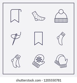 Outline 9 textile icon set. winter hat, needle thread, sock and winter glove vector illustration