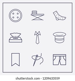 Outline 9 textile icon set. tie, sock, old hat and ironing table vector illustration