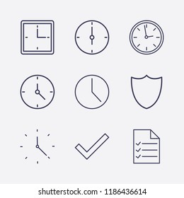 Outline 9 tick icon set. check, document list and clock vector illustration