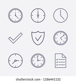 Outline 9 tick icon set. check, document list and clock vector illustration