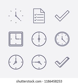 Outline 9 tick icon set. check, document list and clock vector illustration