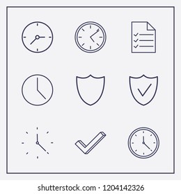 Outline 9 tick icon set. check, clock and document list vector illustration