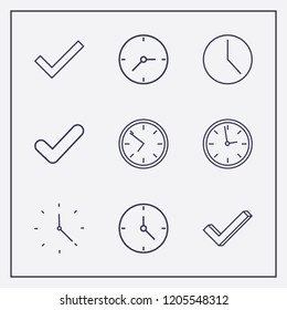 Outline 9 tick icon set. check and clock vector illustration