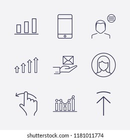 Outline 9 touch icon set. upload, hand with message, woman user, smartphone, user menu, chart and finger swipe vector illustration