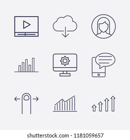 Outline 9 touch icon set. finger swipe, monitor setting, chart, media player, cloud download, smartphone bubble chat and woman user vector illustration