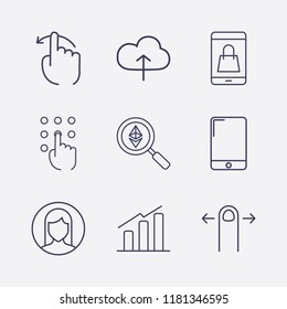 Outline 9 touch icon set. ethereum search, chart, smartphone, woman user, mobile shopping, cloud upload, pressing number and finger swipe vector illustration