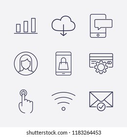 Outline 9 touch icon set. woman user, mobile shopping, cloud download, credit card setting, smartphone bubble chat, wifi, finger click, chart and check message vector illustration