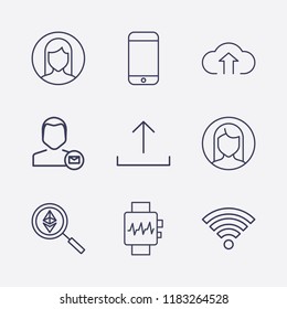 Outline 9 touch icon set. smartphone, wi fi signal, user mail, woman user, cloud upload, upload, ethereum search and smart watch vector illustration