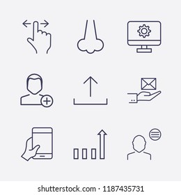 Outline 9 touch icon set. finger swipe, hand with smartphone, nose, upload, add user, hand with message, monitor setting, chart and user menu vector illustration