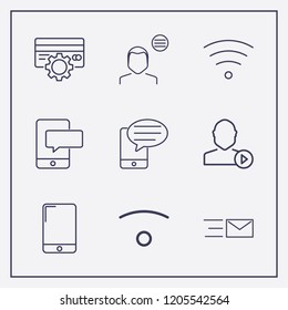 Outline 9 touch icon set. user mediaplayer, wifi, smartphone and smartphone bubble chat vector illustration
