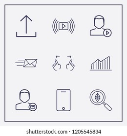 Outline 9 touch icon set. upload, ethereum search, user mail and hand scroll vector illustration