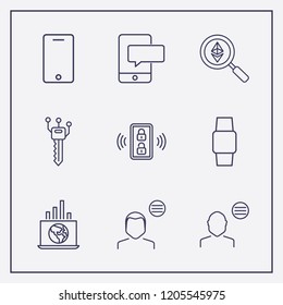 Outline 9 touch icon set. smartphone bubble chat, global analytics, user menu and smart watch vector illustration