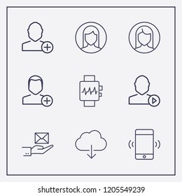 Outline 9 touch icon set. hand with message, add user, smart watch and smartphone vibration vector illustration