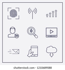 Outline 9 touch icon set. wifi signal, cloud download, media player and chart vector illustration