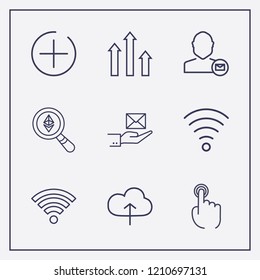 Outline 9 touch icon set. ethereum search, user mail, finger click and cloud upload vector illustration