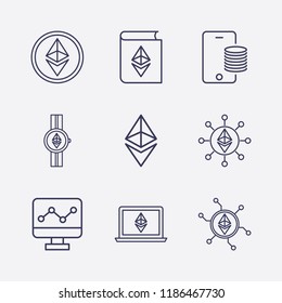 Outline 9 trade icon set. network, coin, ethereum with watch, online payment, laptop with ethereum, ethereum with book and monitor with chart vector illustration