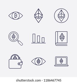 Outline 9 trade icon set. book, chart, eye with bitcoin, wallet, coin, ethereum with eye, laptop with ethereum and ethereum search vector illustration