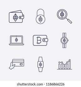 Outline 9 trade icon set. search, wallet, lock, bitcoin wallet, hand with money card, book, chart, ethereum watch and watch vector illustration