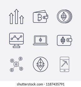 Outline 9 trade icon set. smartphone with mining, ethereum network, monitor with chart, ethereum coin, ethereum wallet, bitcoin wallet, chart and ethereum with book vector illustration