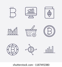 Outline 9 trade icon set. bitcoin, close basket, monitor with chart, network bitcoin, ethereum with book and chart vector illustration