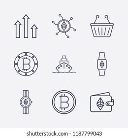Outline 9 trade icon set. ethereum with watch, ship, bitcoin, ethereum network, shopping basket, ethereum wallet, ethereum watch and chart vector illustration