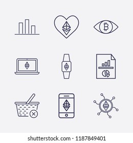 Outline 9 trade icon set. with book, heart, analytics document, chart, smartphone, network, watch, eye with bitcoin and close basket vector illustration