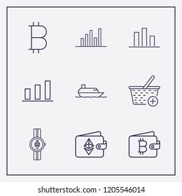 Outline 9 trade icon set. ship, bitcoin, bitcoin wallet and ethereum wallet vector illustration