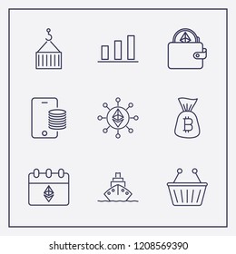 Outline 9 trade icon set. shopping basket, crane box, chart and online payment vector illustration