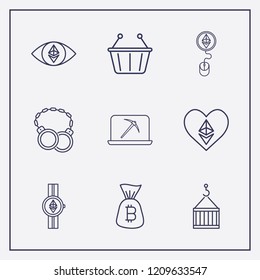 Outline 9 trade icon set. ethereum with eye, ethereum coin with mouse, shackles and ethereum heart vector illustration