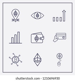 Outline 9 trade icon set. ethereum coin with mouse, chart, hand with money card and ethereum with eye vector illustration