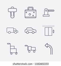 Outline 9 Transport Icon Set. Truck, Car Shifter, Suitcase, Car, Box Trolley, Parking Barrier, Turn Left Arrow And Elevator Vector Illustration