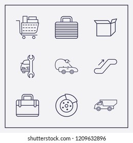 Outline 9 transport icon set. suitcase, box, escalator up and disk brake vector illustration