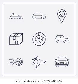 Outline 9 transport icon set. disk brake, box, airplane and car vector illustration