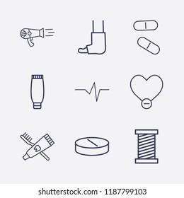 Outline 9 treatment icon set. tube cream, hair dryer, toothbrush and toothpaste, remove heart, broken foot, drug, thread, heart impulse and pill vector illustration