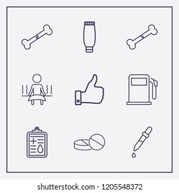 Outline 9 treatment icon set. station pump, eyebrow, pipette and sauna vector illustration