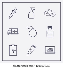 Outline 9 treatment icon set. diagnostic, medicine bottle, pipette and bomb vector illustration