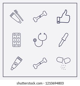 Outline 9 treatment icon set. eyebrow, toothbrush and toothpaste, stethoscope and toothpaste tube vector illustration